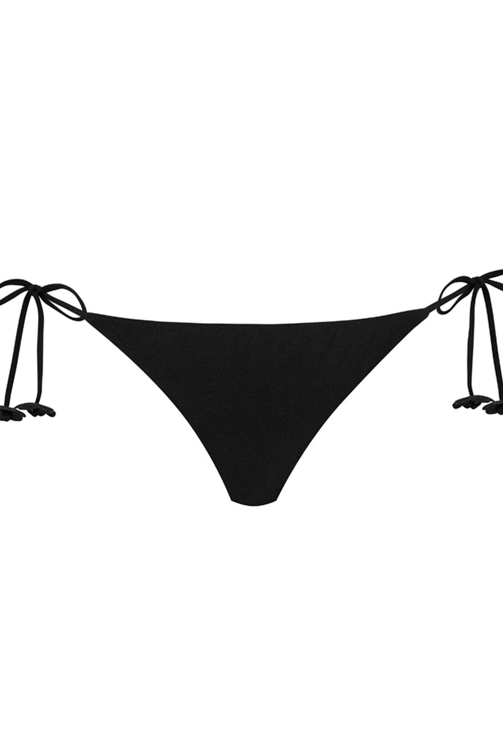 A black tie side bikini bottom against a white wall background.