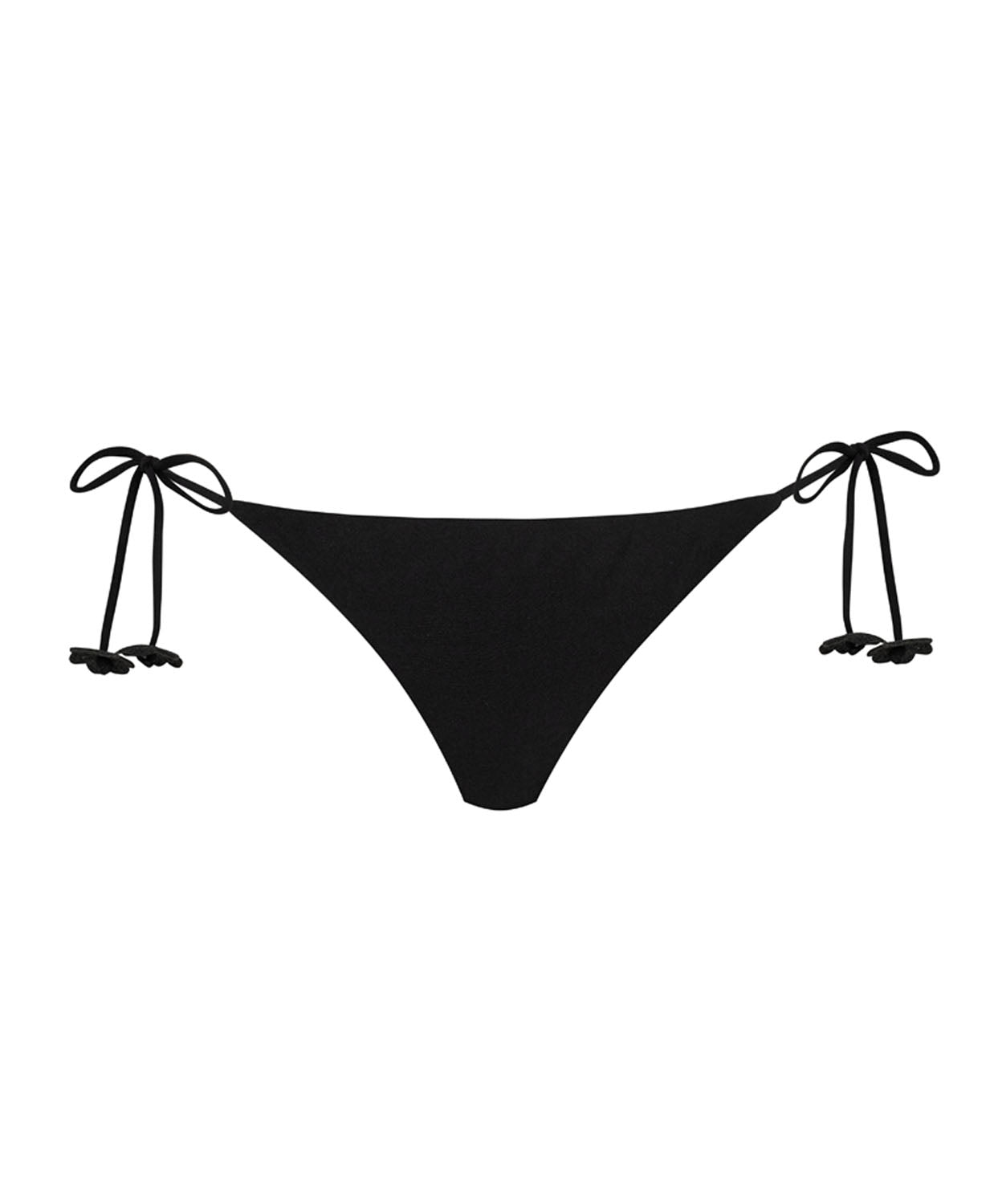 A black tie side bikini bottom against a white wall background.