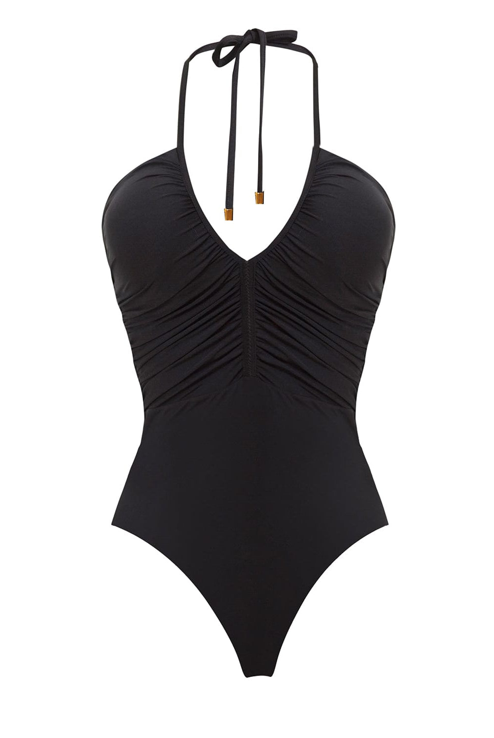A black one piece swimsuit. Featured against a white wall background.
