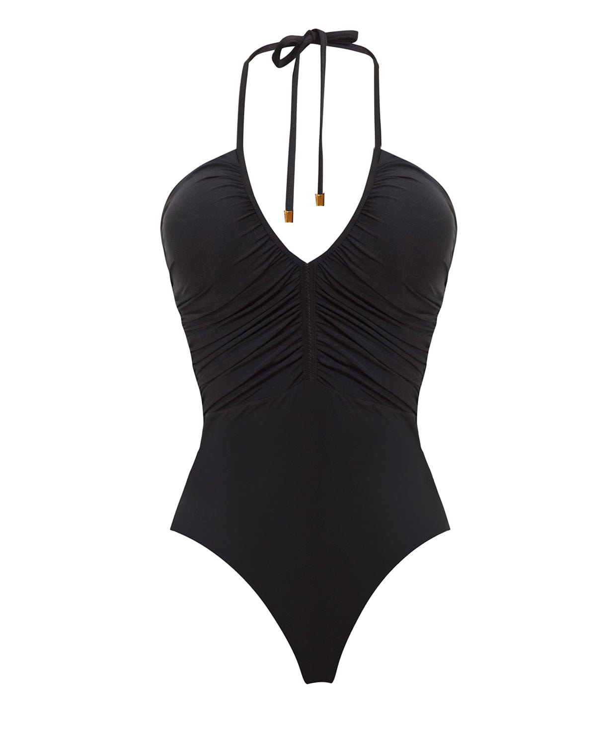 A black one piece swimsuit. Featured against a white wall background.