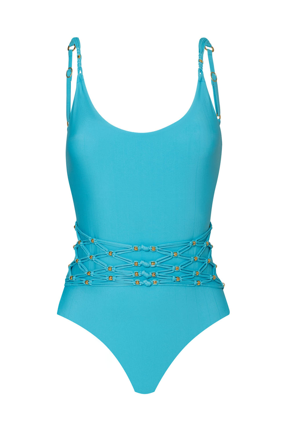 A blue one piece swim suit against a white wall.