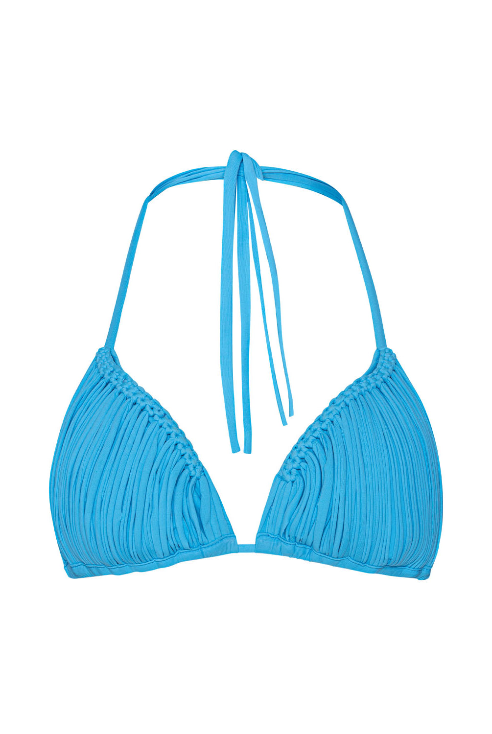 Blue triangle bikini top on a white background