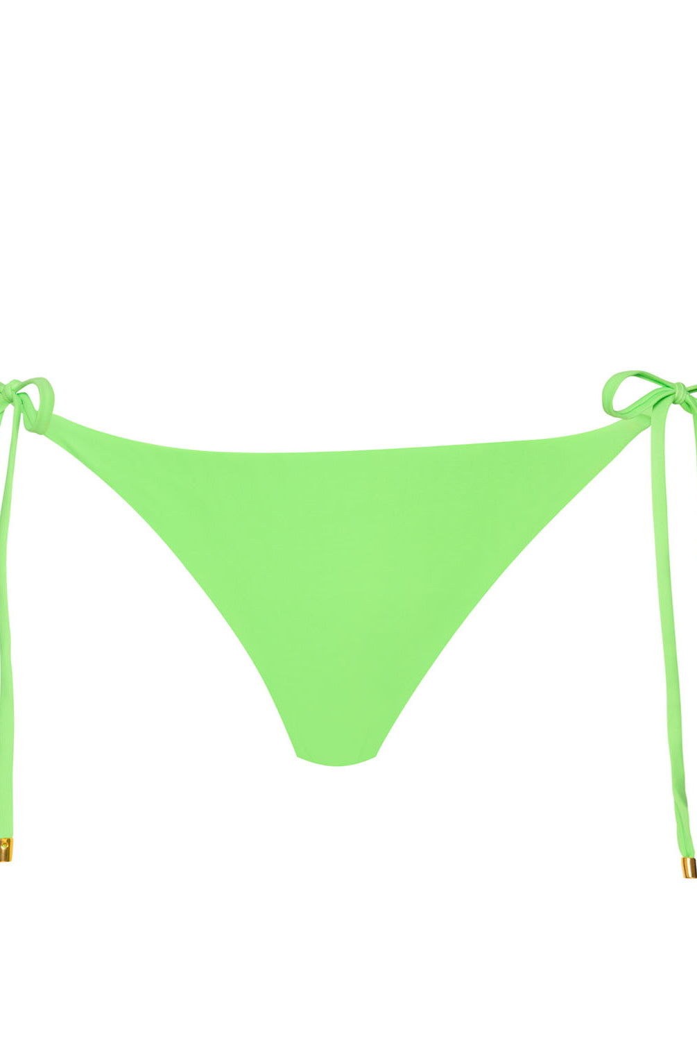A green tie side bikini bottom against a white wall.