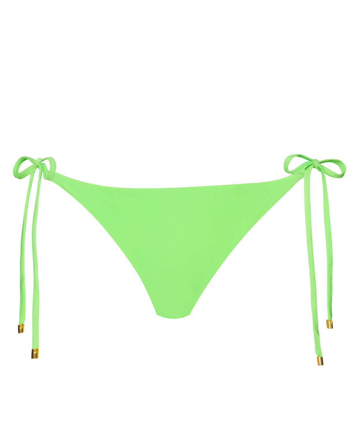 A green tie side bikini bottom against a white wall.