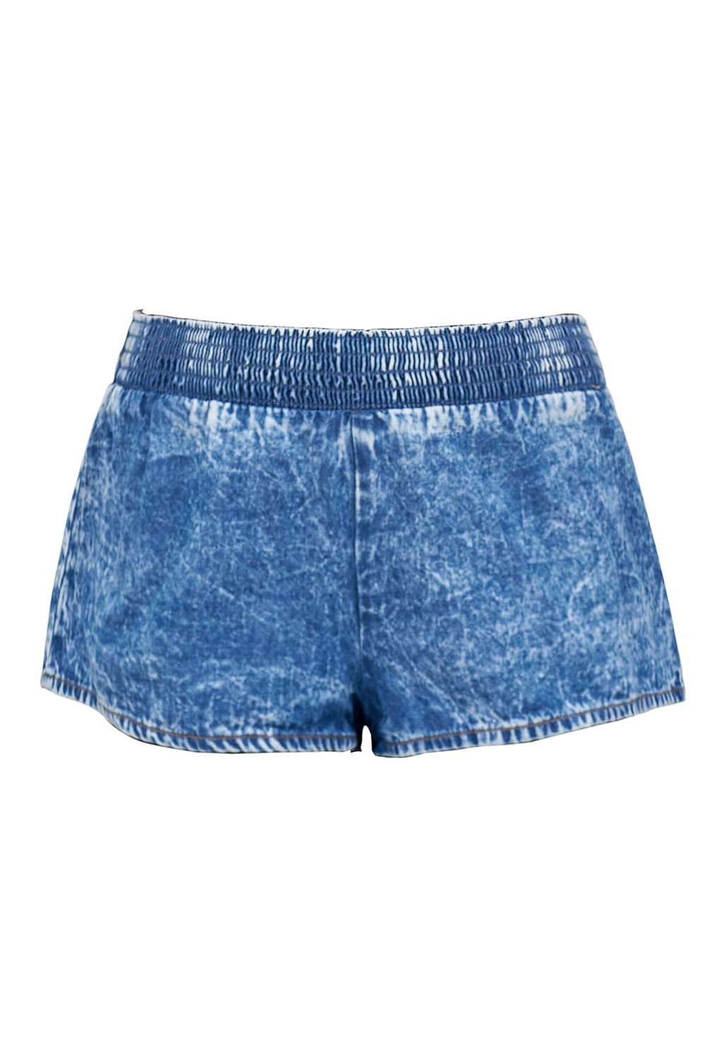 Denim shorts against a white wall.