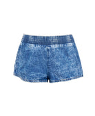 Denim shorts against a white wall.