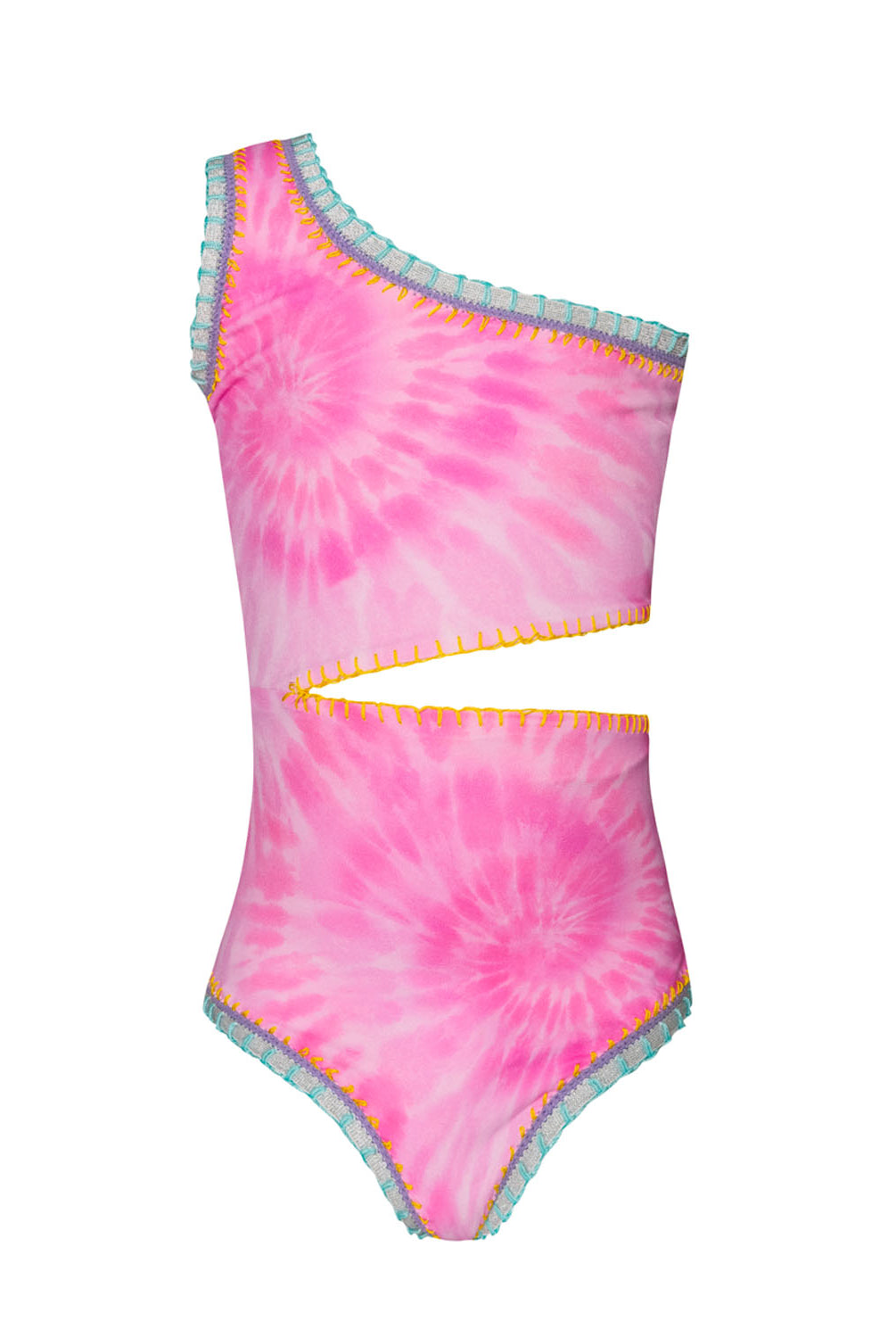 A light pink tie dye one piece against a white wall.