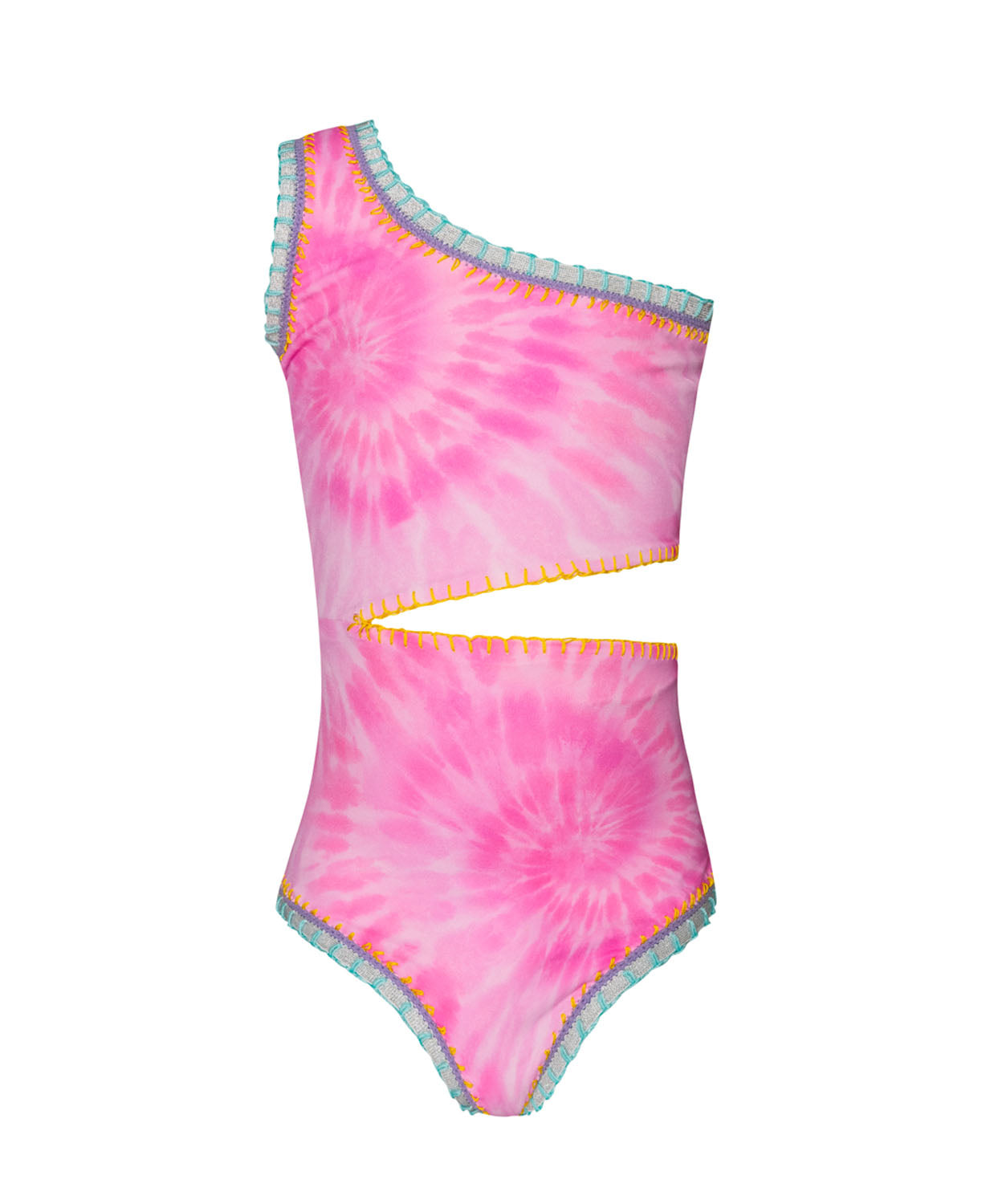 A light pink tie dye one piece against a white wall.