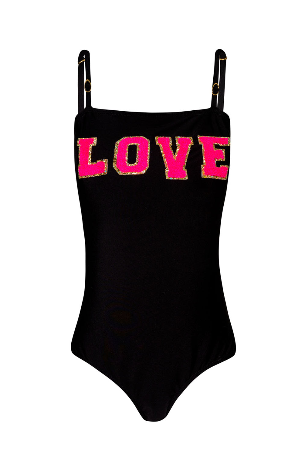 A black one piece with the word LOVE in hot pink letters against a white wall.