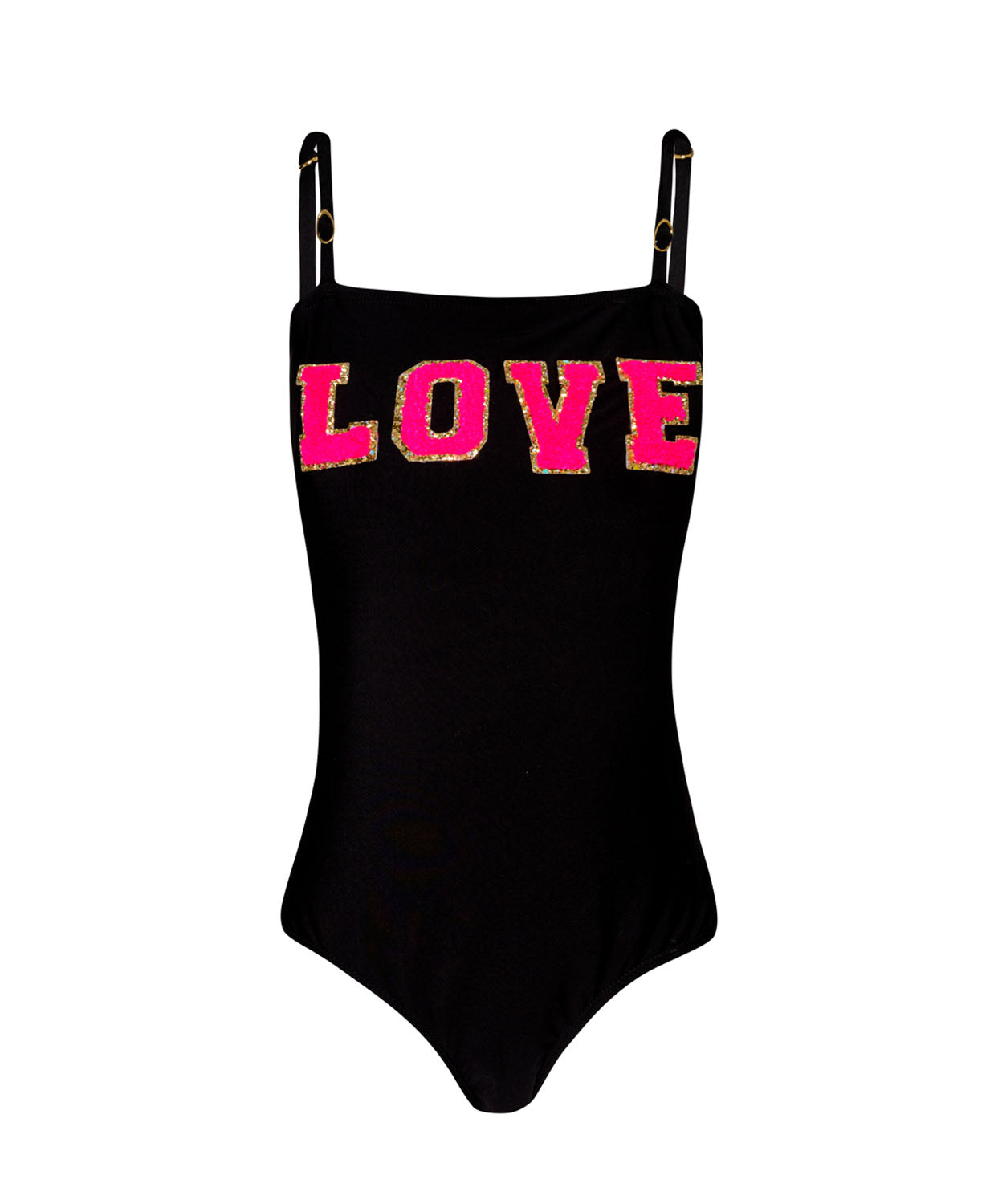 A black one piece with the word LOVE in hot pink letters against a white wall.