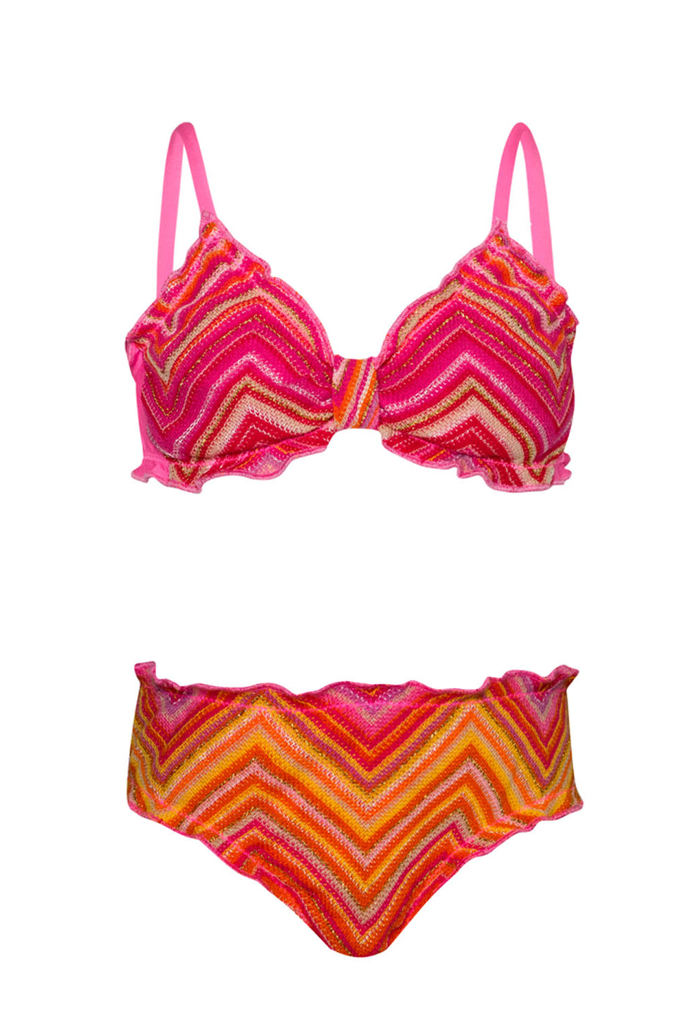 A pink and orange striped kids bikini against a white wall.