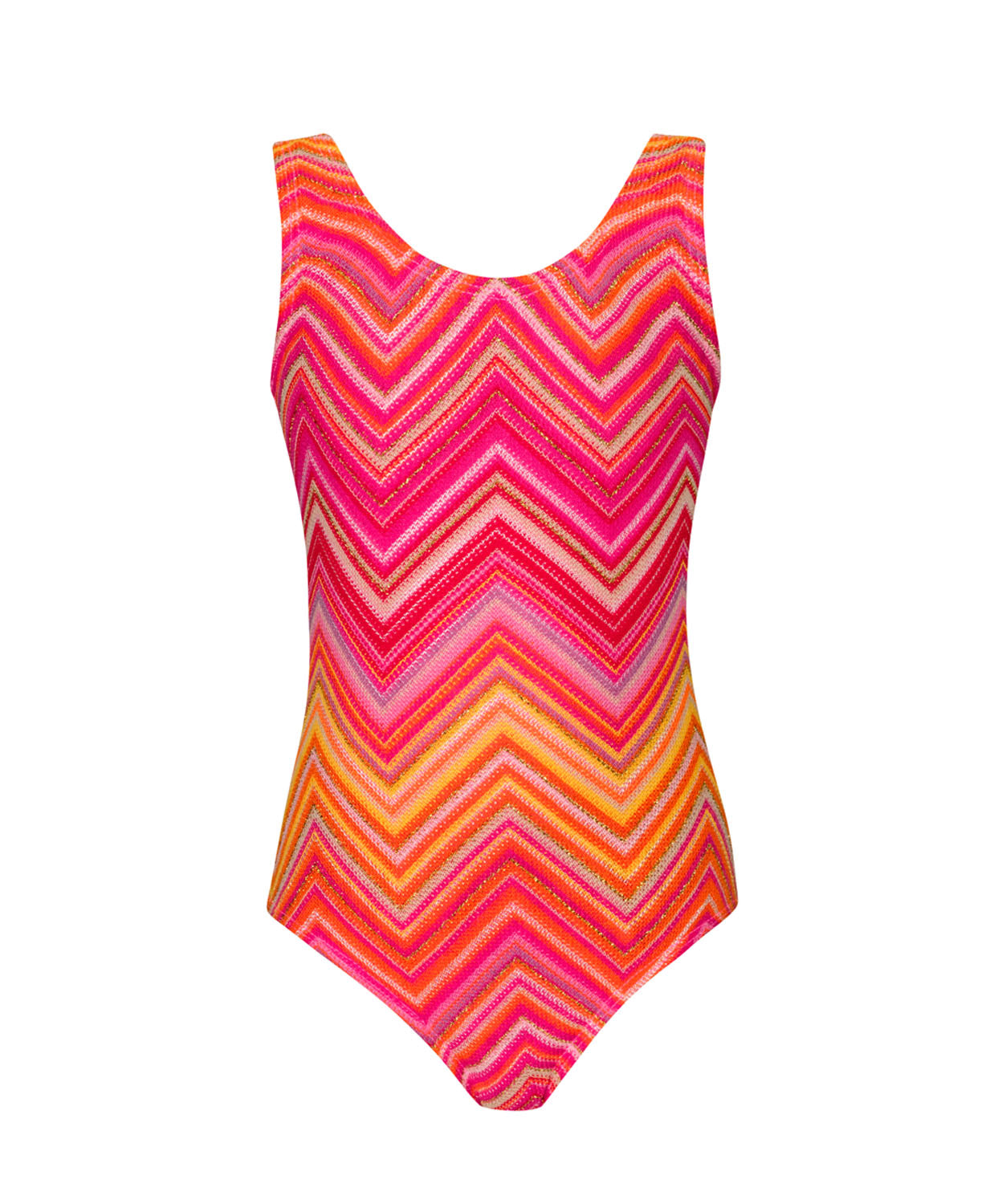 A pink and orange striped kids one piece against a white wall.