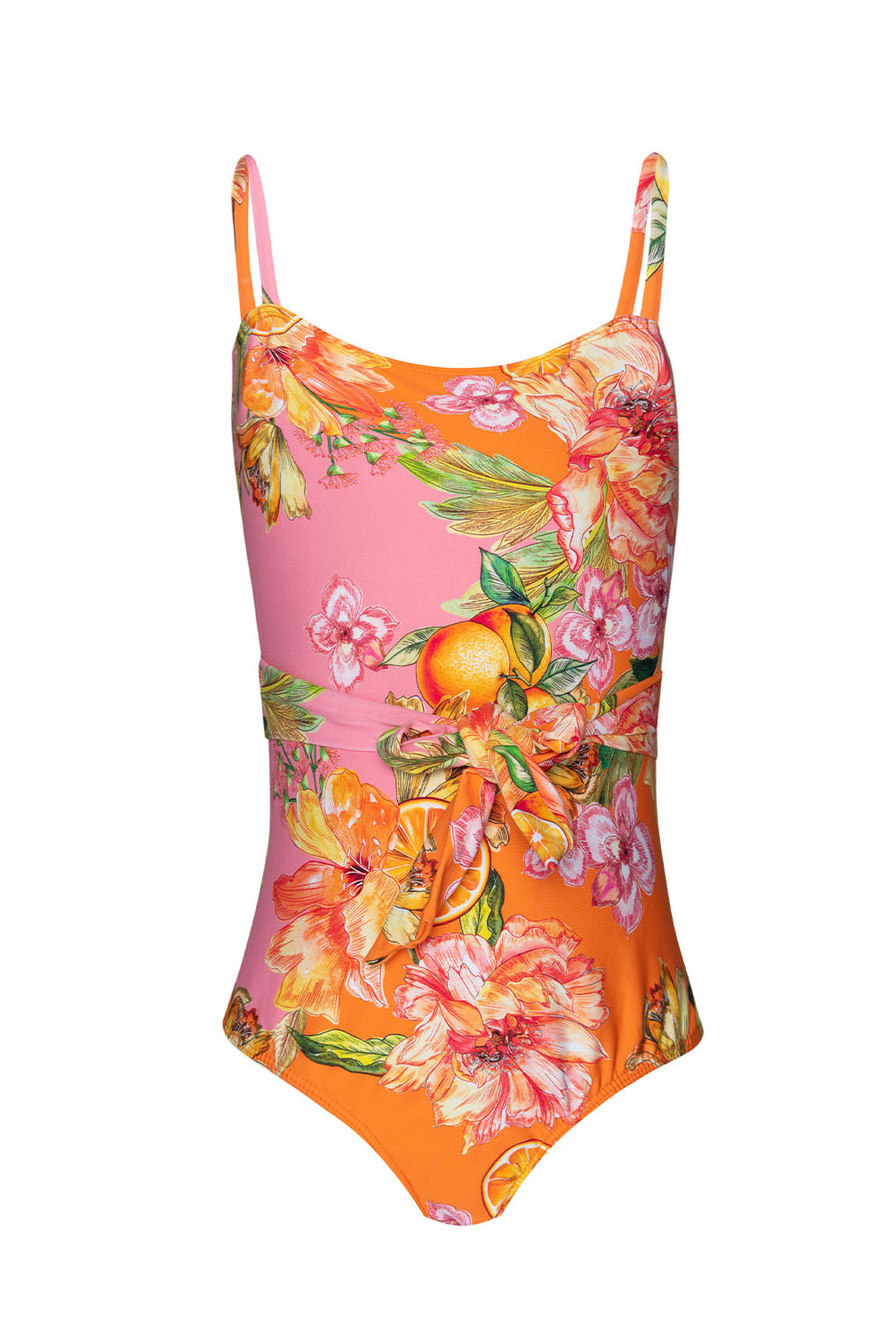 A pink and orange one piece swimsuit with a floral print against a white wall.