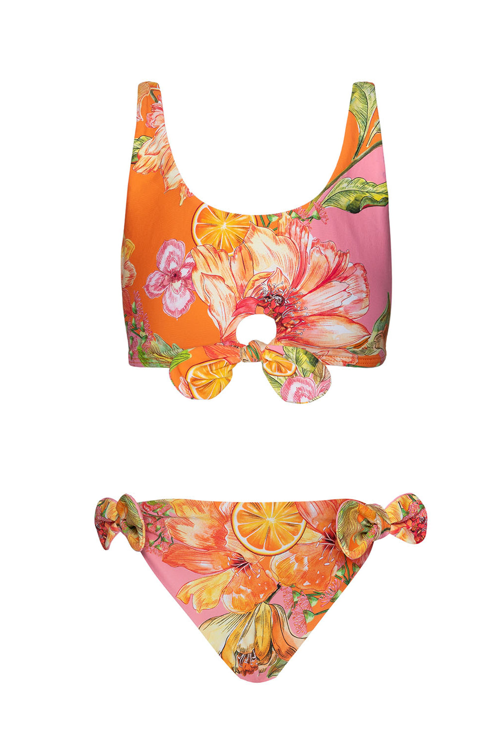 A pink and orange bikini with a floral print against a white wall.