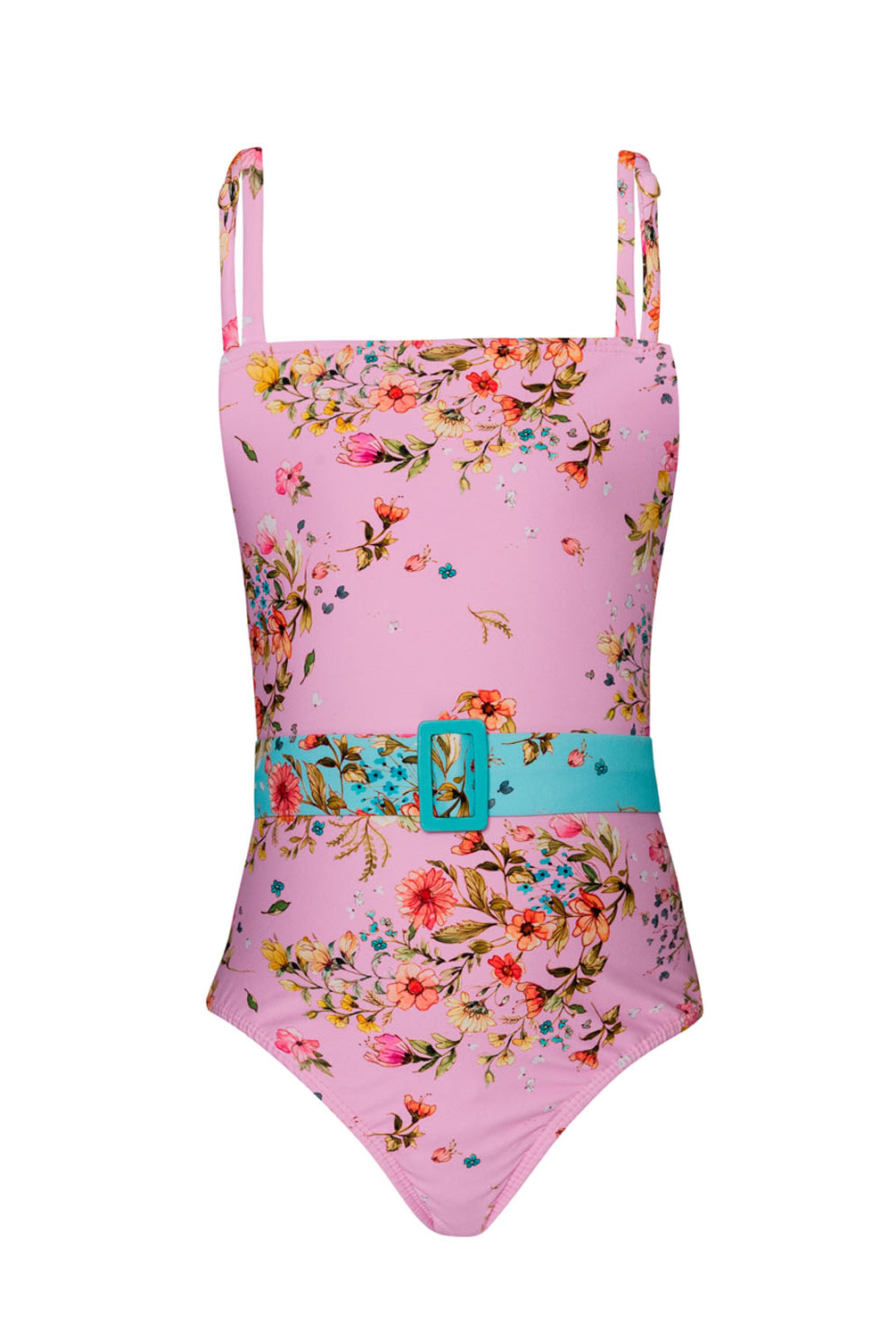 A light pink kids one piece swimsuit with a floral pattern against a white wall.