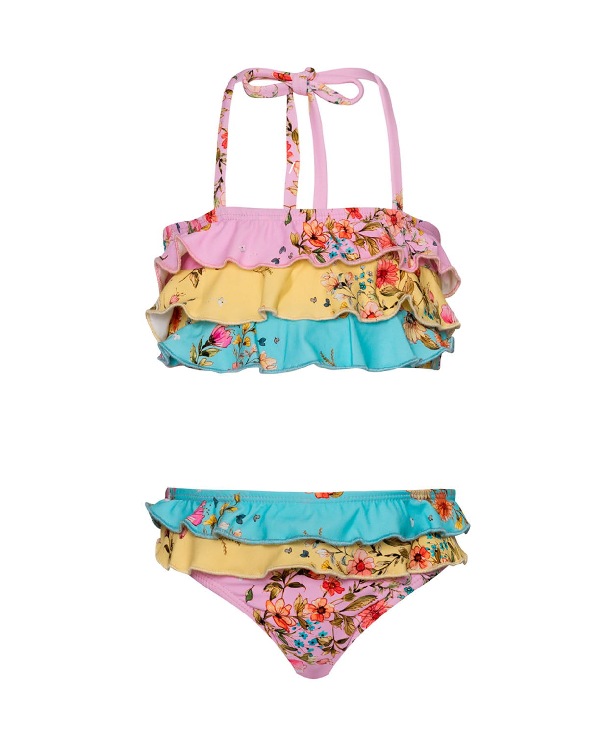 A multi colored floral kids bikini against a white wall.