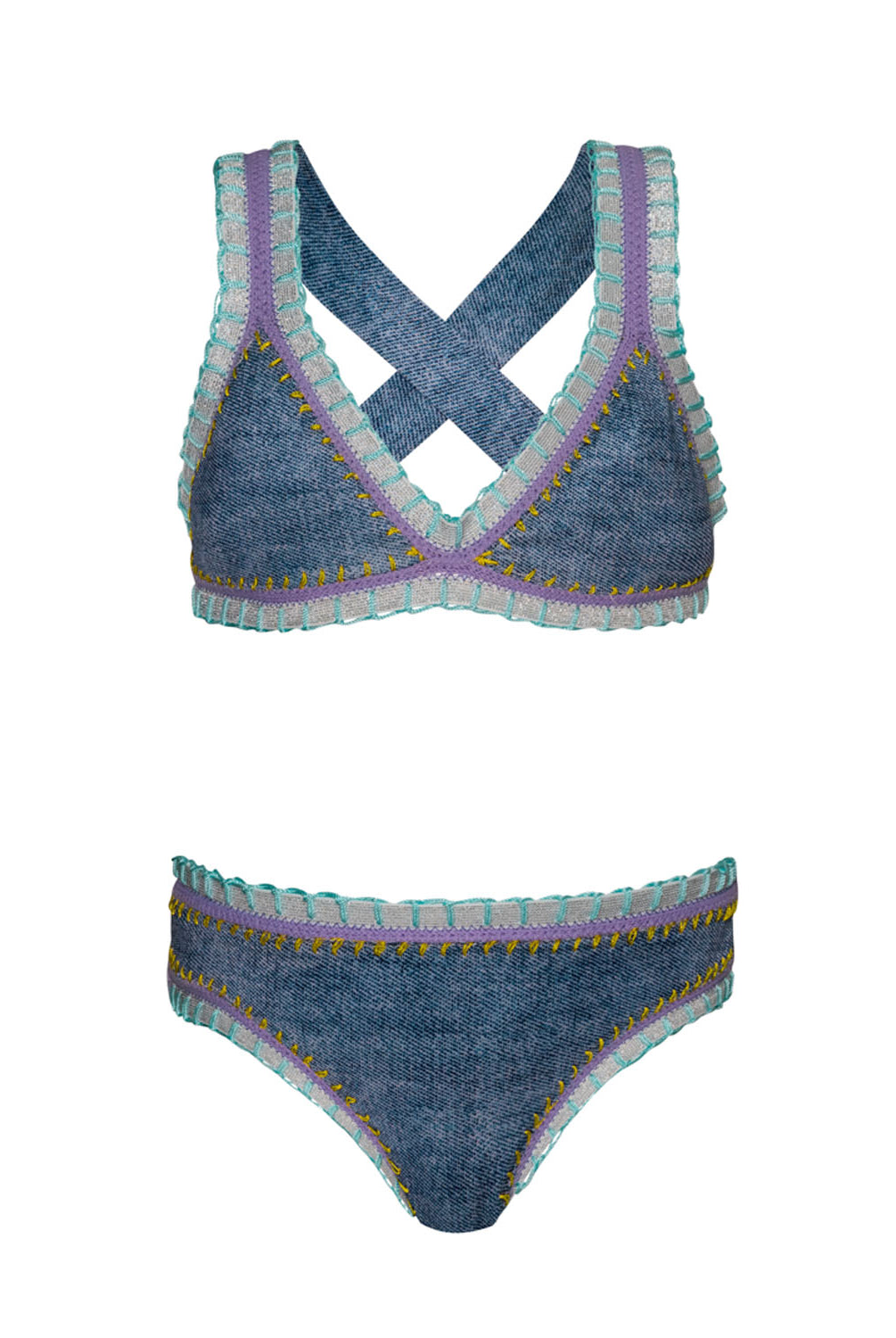 A denim kids bikini with colorful embroidery against a white wall.