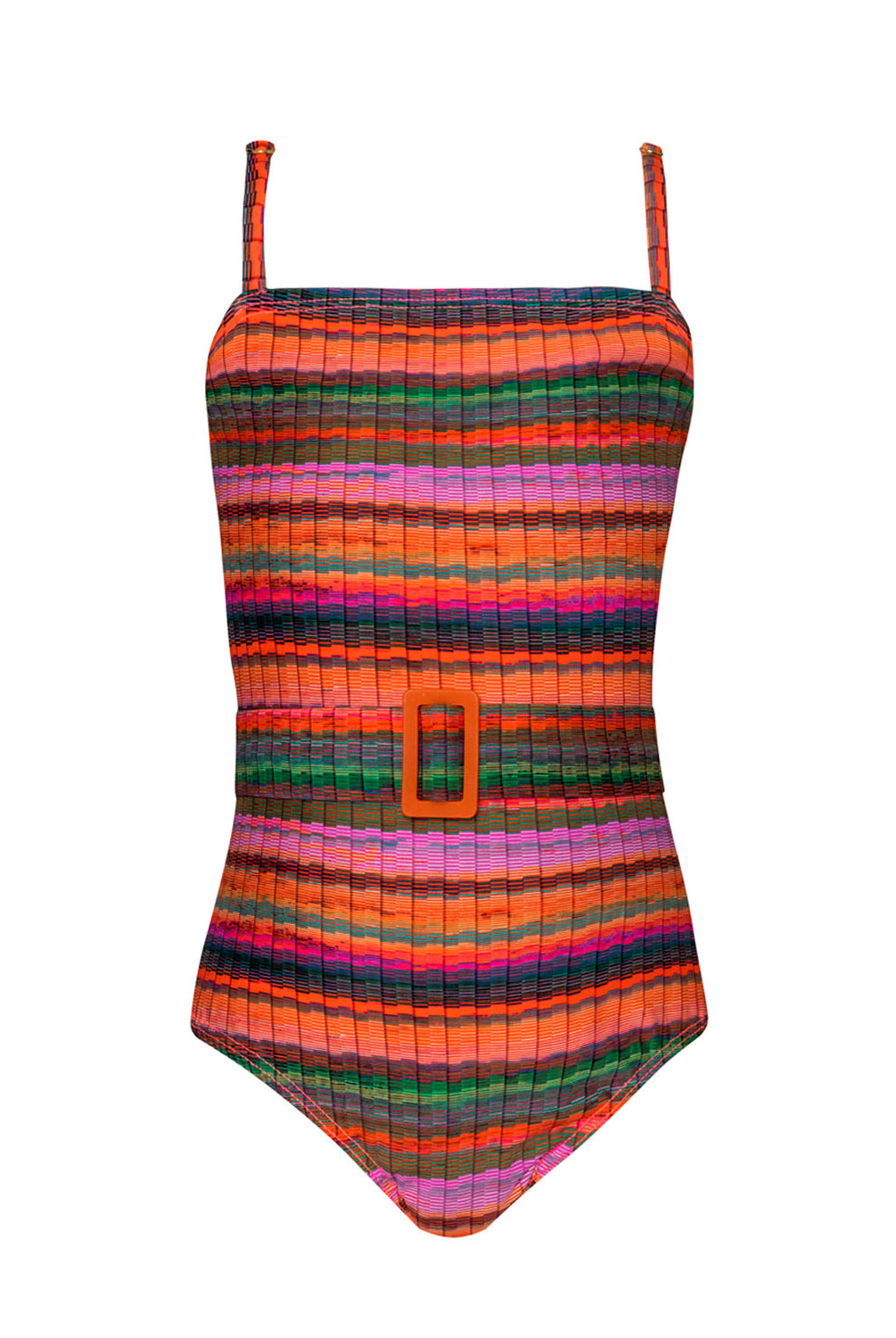 A multi colored striped one piece swimsuit against a white wall.