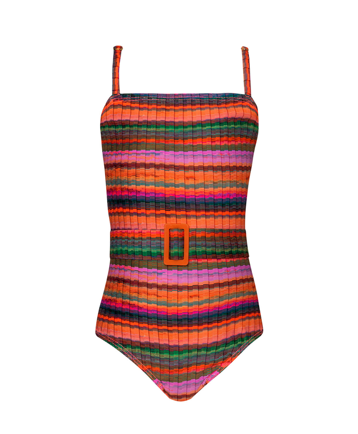 A multi colored striped one piece swimsuit against a white wall.