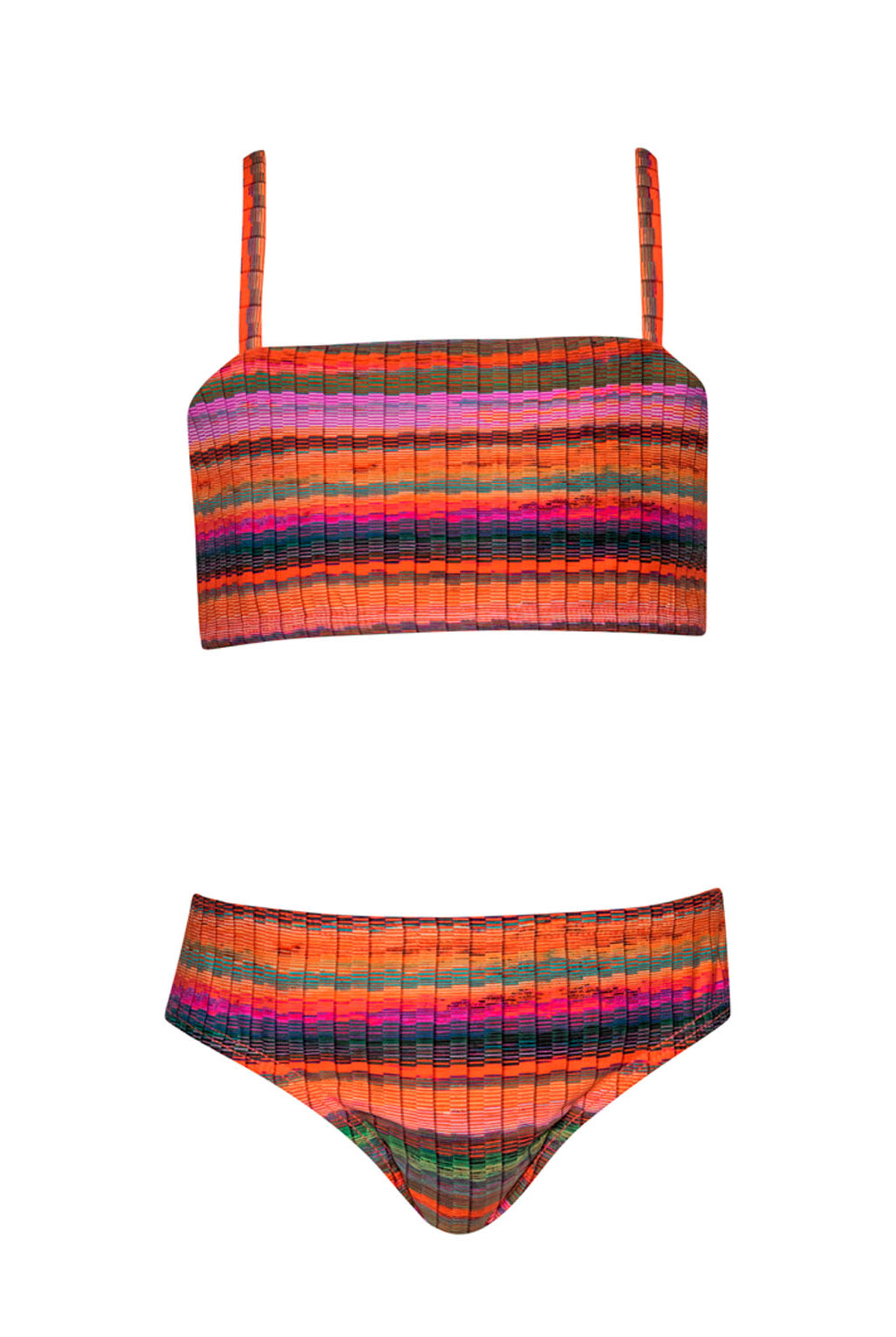 A striped kids bikini against a white wall.