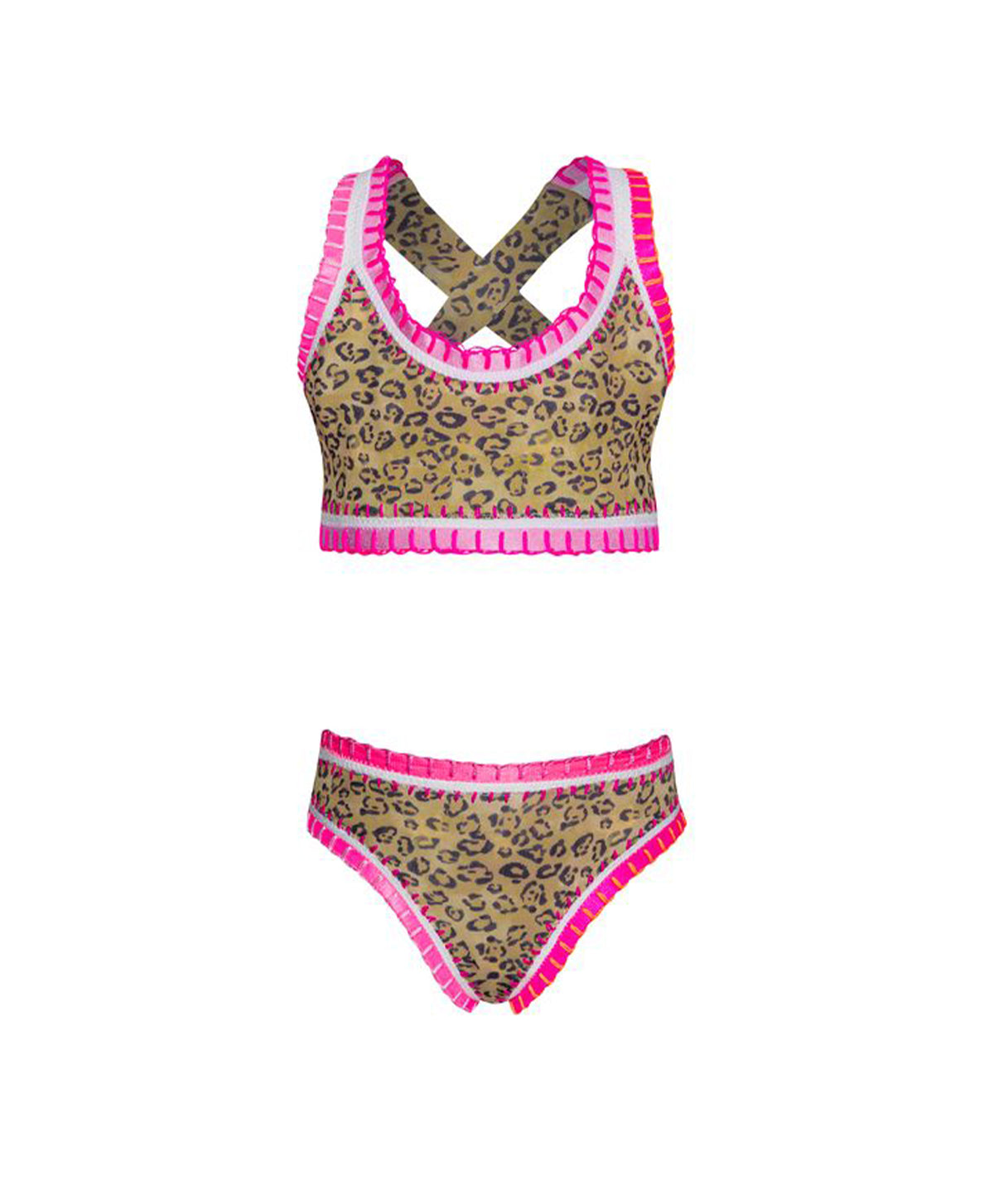 A two-piece bikini set featuring a leopard print pattern in brown, black, and beige, accented with bright pink ruffle trim along the edges.