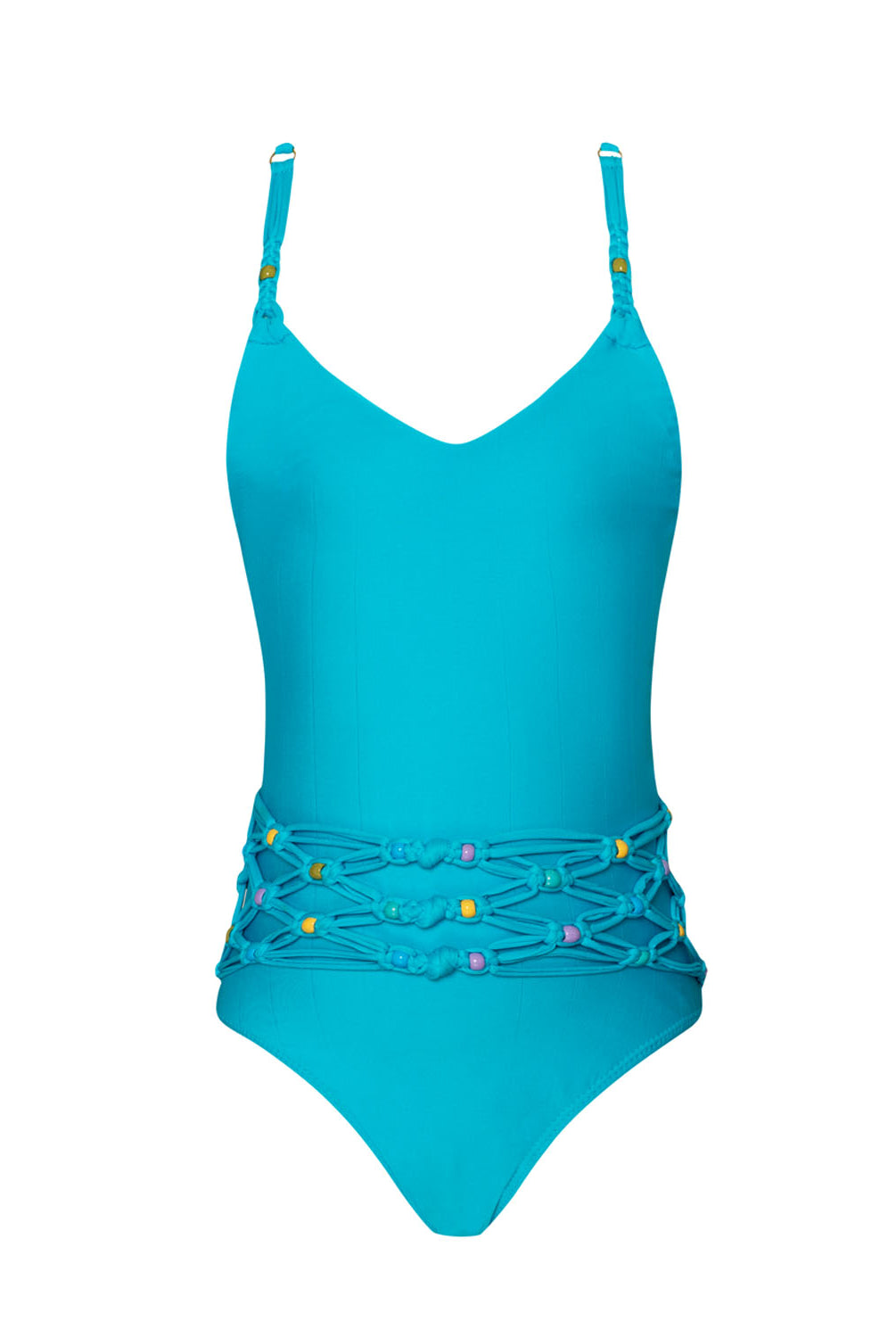 A blue kids one piece swimsuit against a white wall.