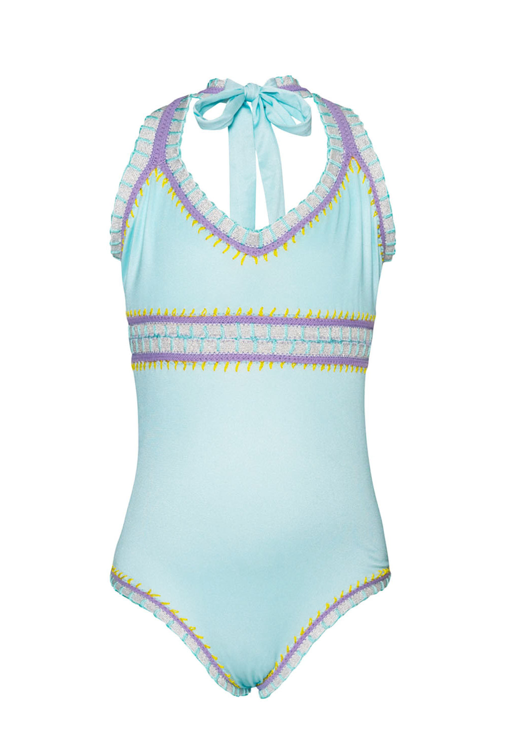 A light blue kids one piece swimsuit against a white wall.
