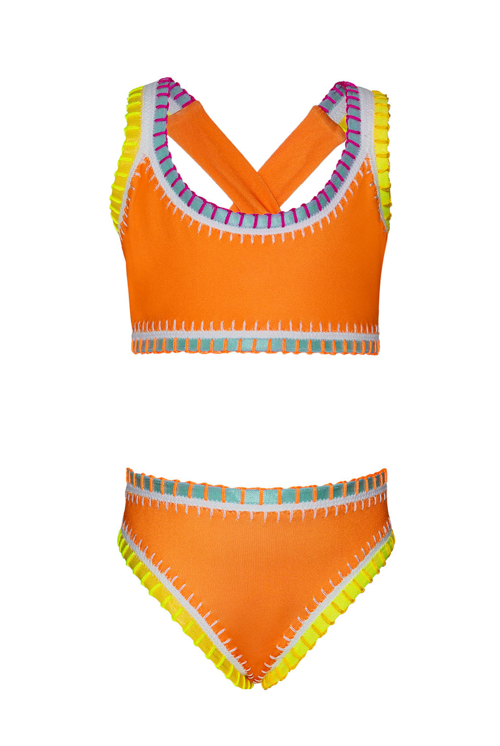 An orange bikini with colorful embroidered trim against a white wall.