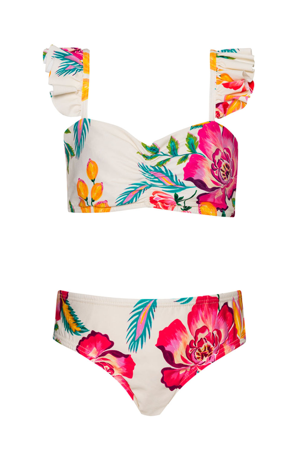 A kids bikini with a floral print against a white wall.