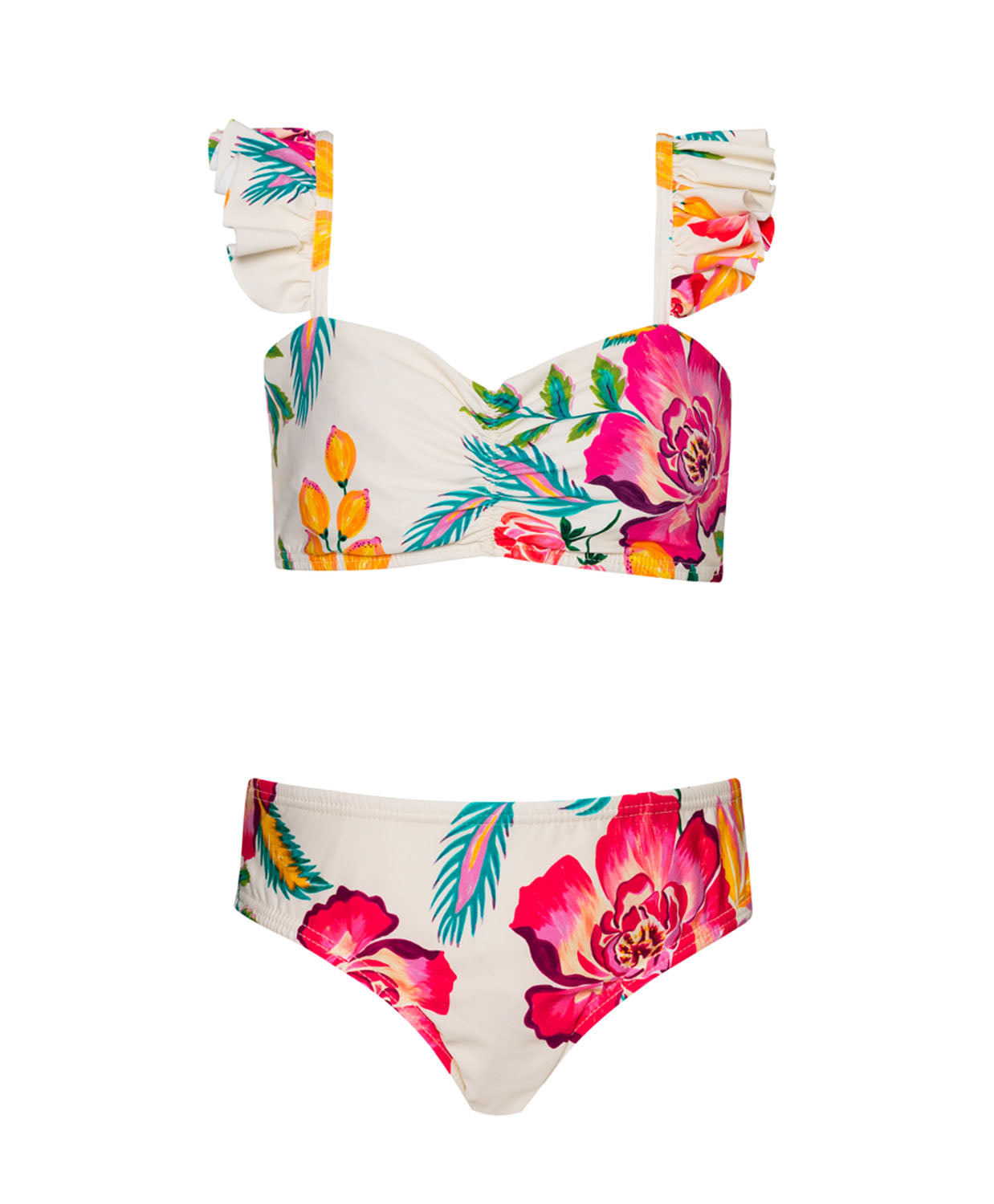 A kids bikini with a floral print against a white wall.