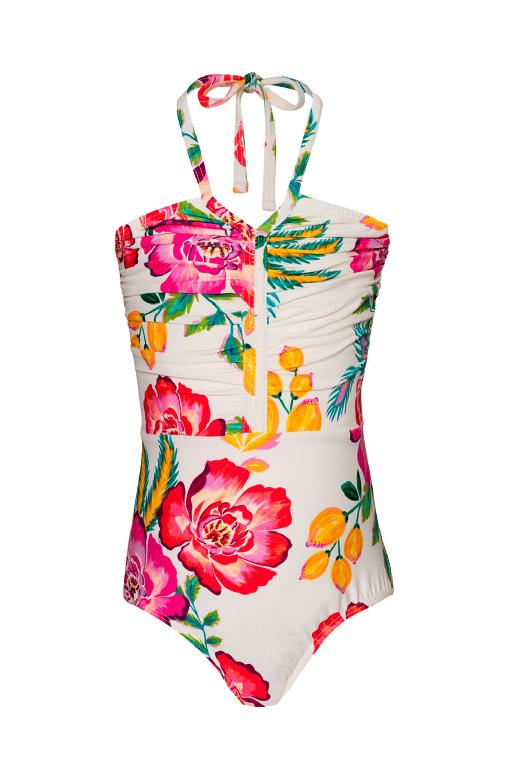 A white one piece swimsuit with a floral print against a white wall.