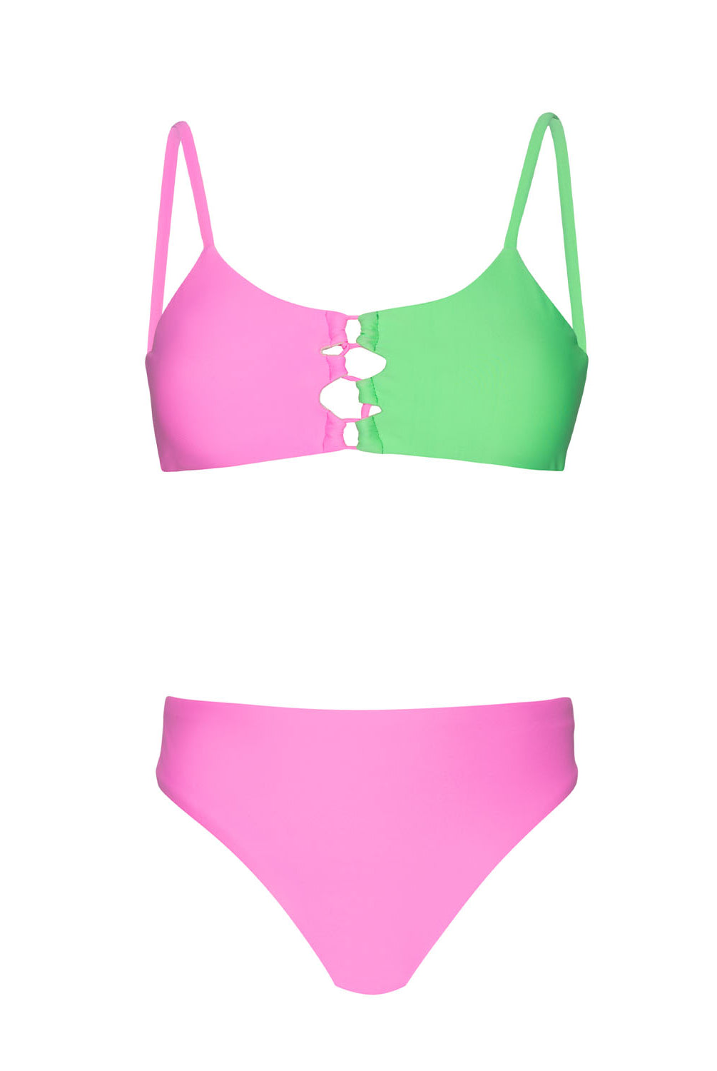A pink and green bikini against a white wall.