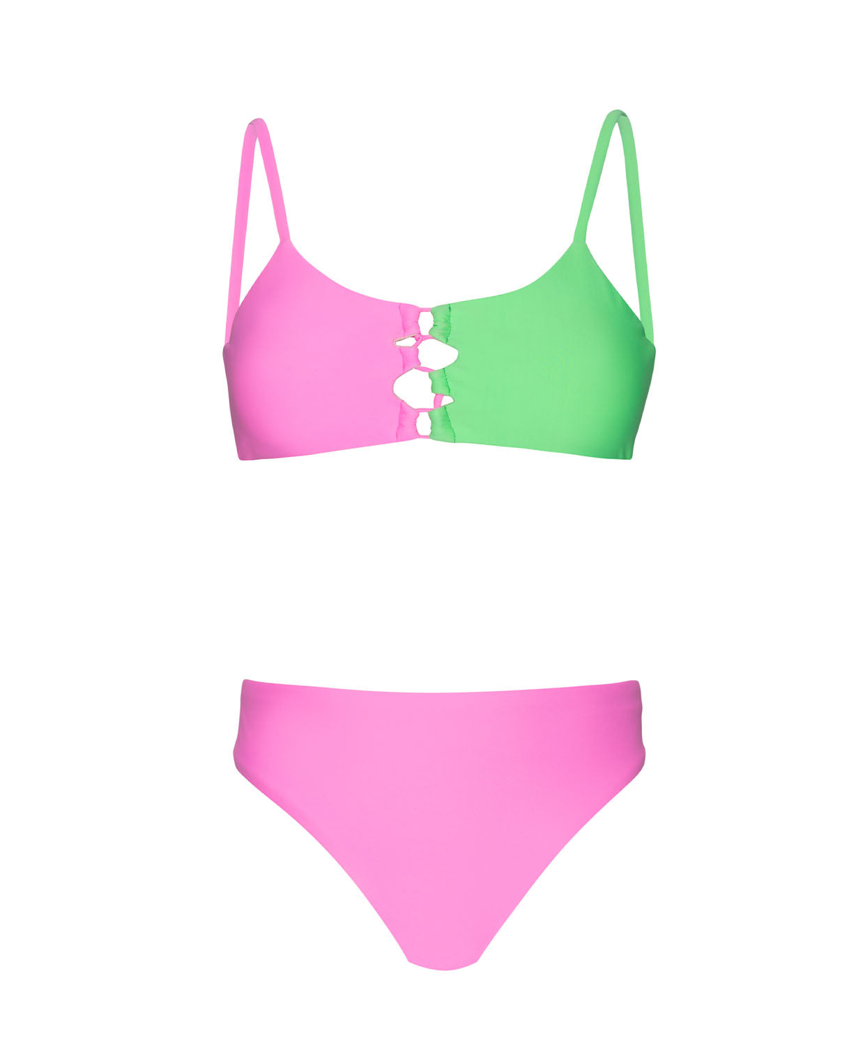 A pink and green bikini against a white wall.