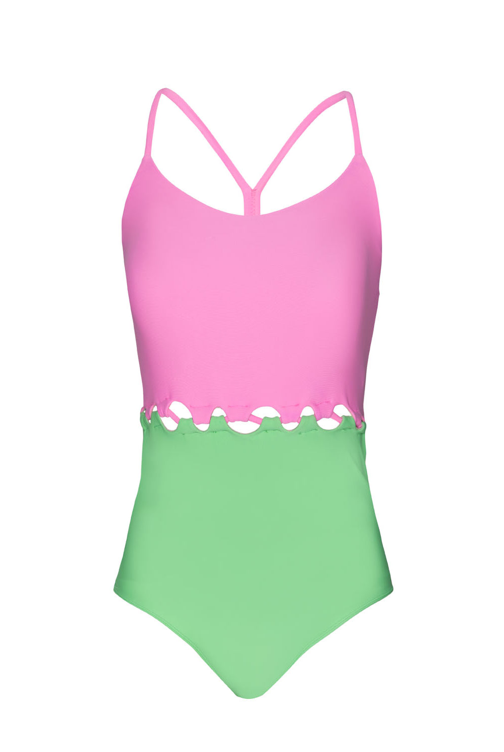 A pink and green one piece swim suit against a white wall.
