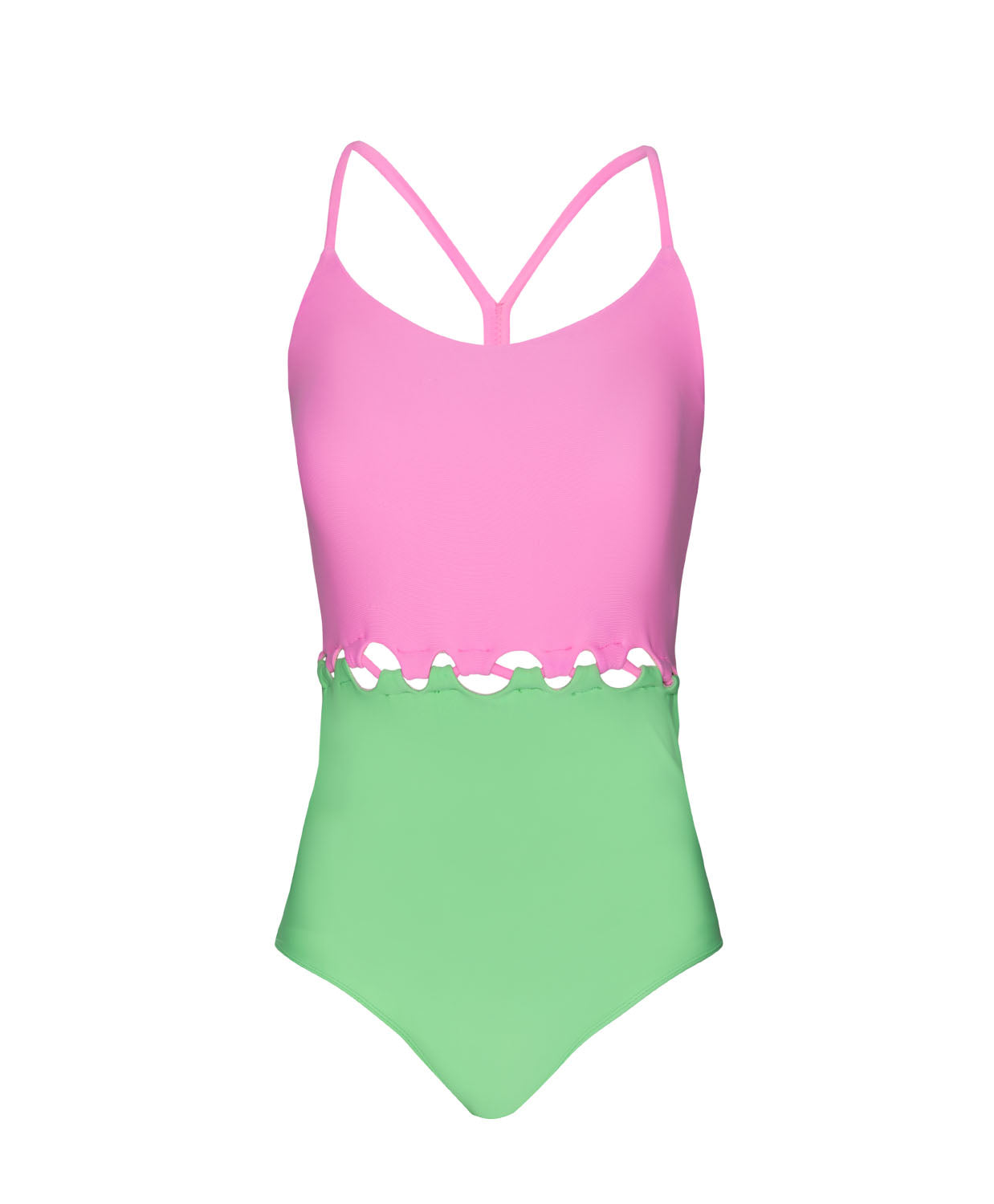 A pink and green one piece swim suit against a white wall.