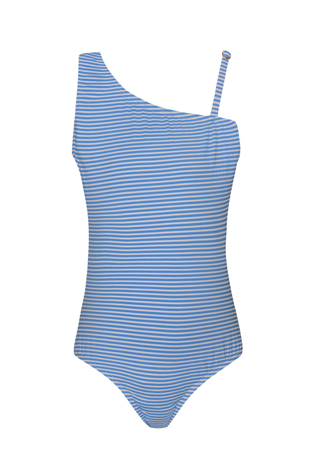 A blue and white striped kids one piece swimsuit against a white wall.