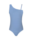 A blue and white striped kids one piece swimsuit against a white wall.