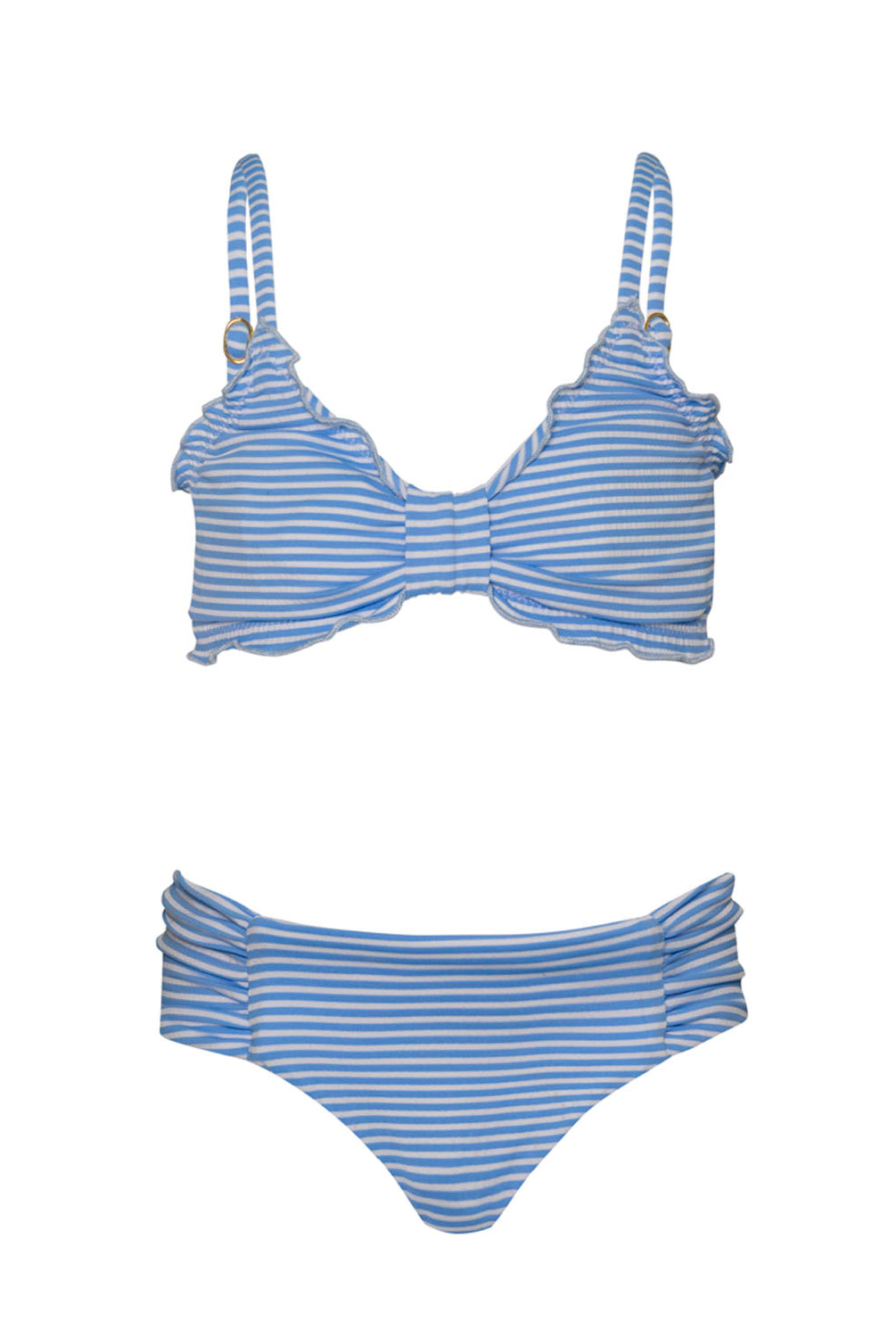 A blue and white striped kids bikini against a white wall.