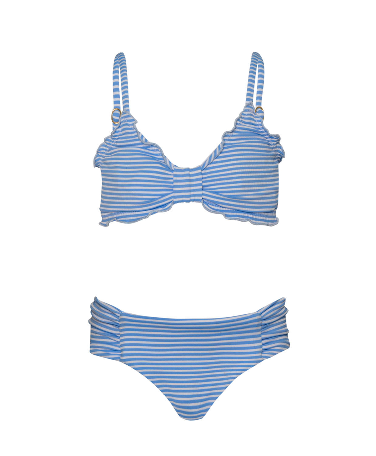 A blue and white striped kids bikini against a white wall.