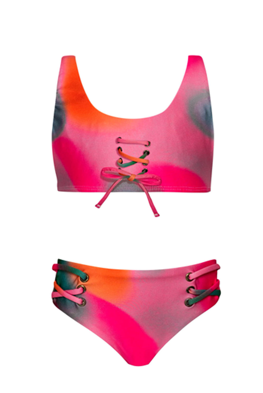 A pink tie dye kids bikini against a white wall.