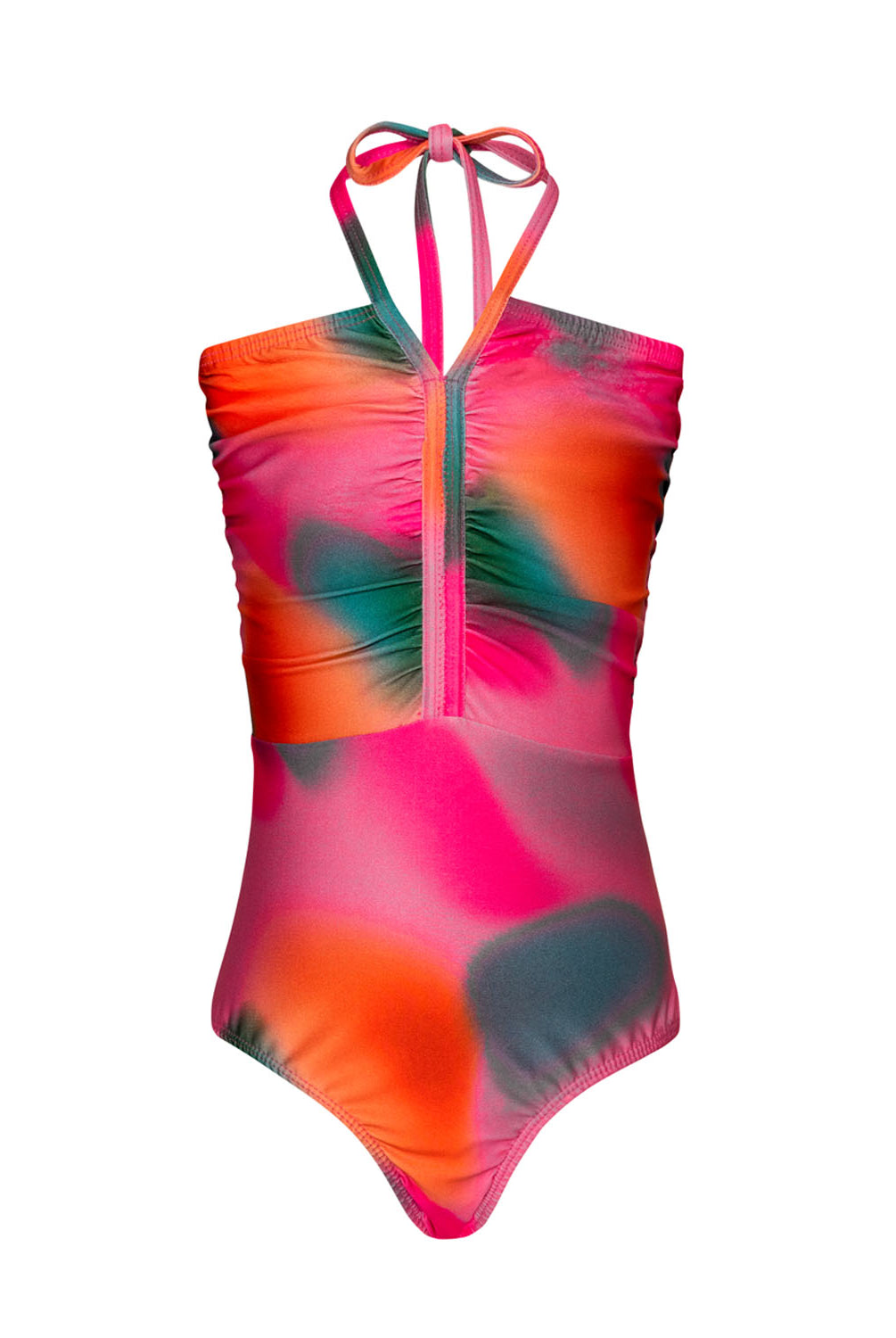 A pink tie dye one piece swimsuit against a white wall.