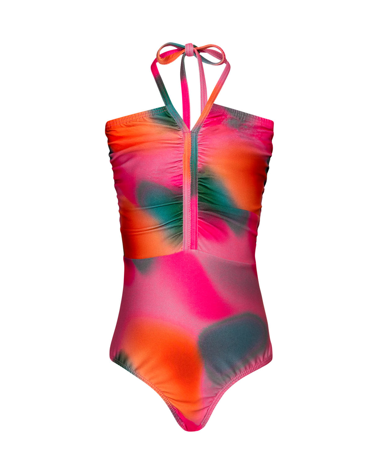 A pink tie dye one piece swimsuit against a white wall.