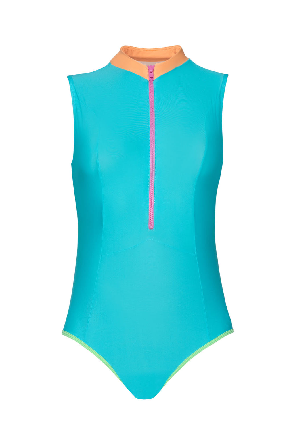 A turquoise zip up one piece swim suit against a white wall.