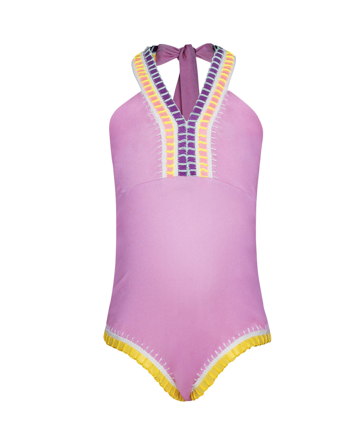 A pink one piece swim suit with colorful embroidery against a white wall.