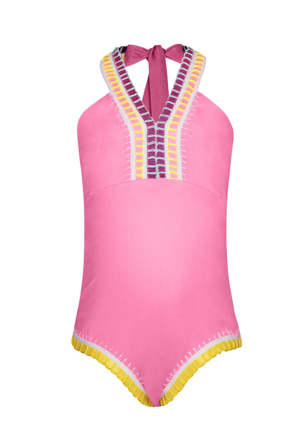 A pink one piece swim suit with colorful embroidery against a white wall.