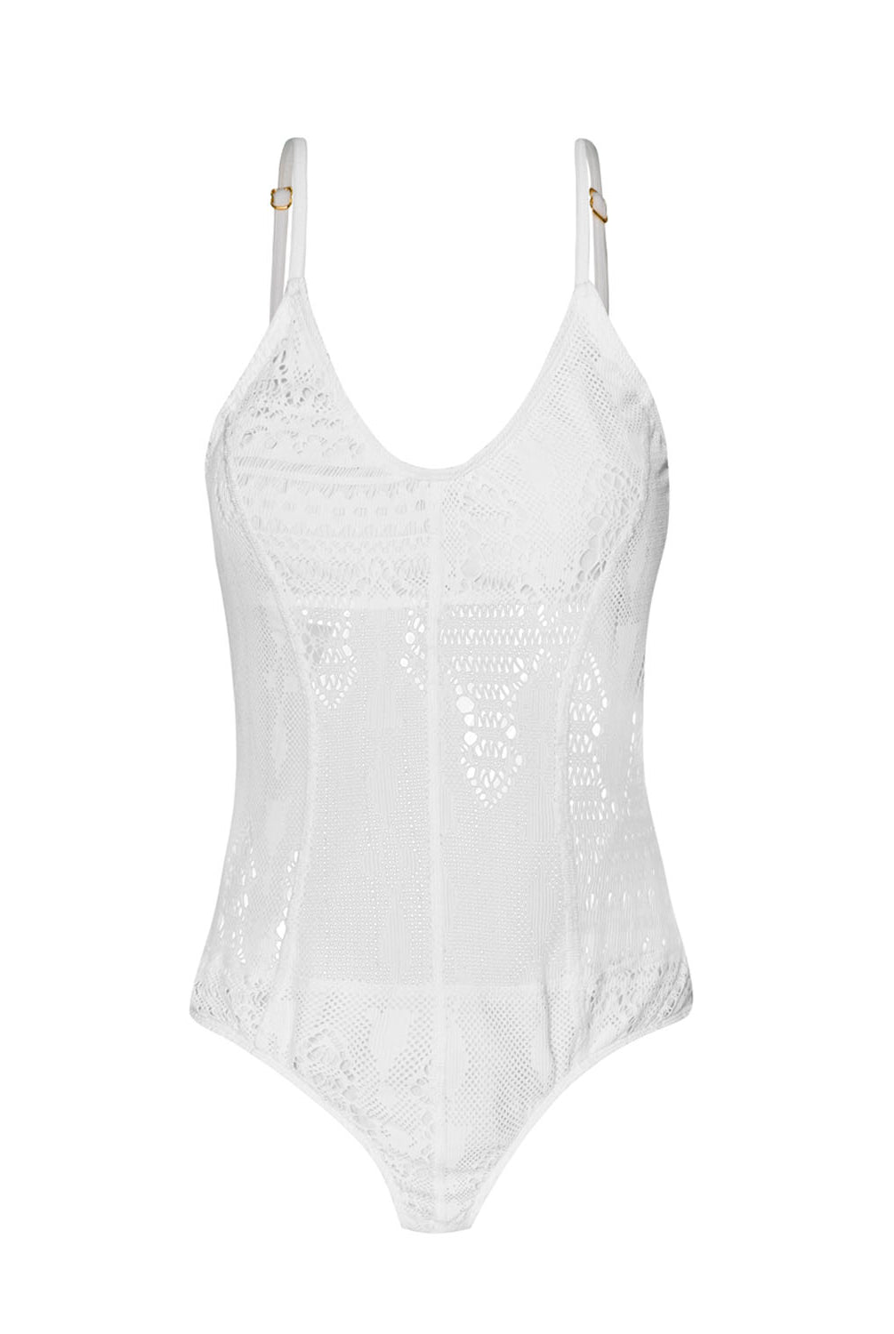 A white mesh one piece swimsuit against a white wall.