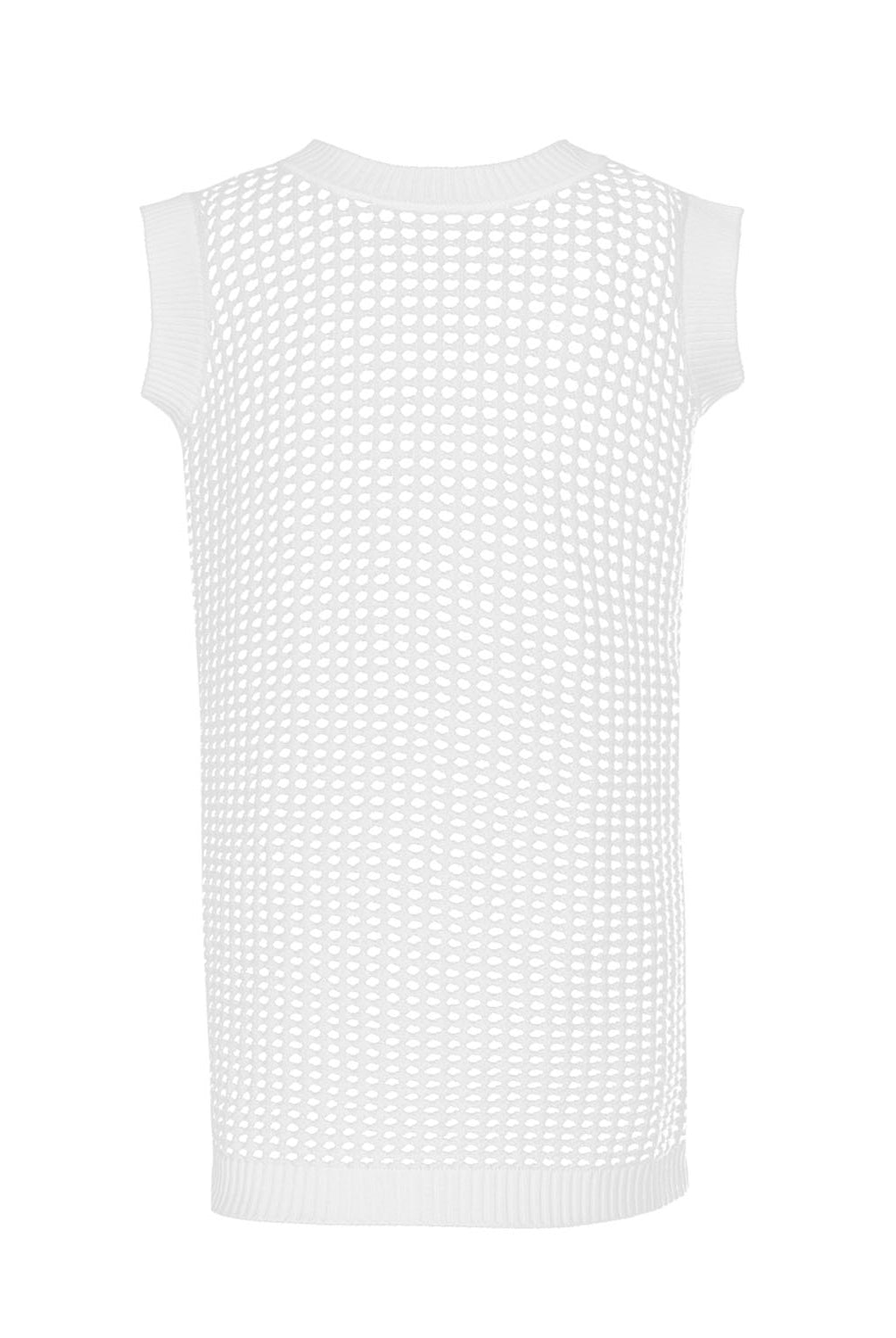 A white knit cover up dress against a white wall.