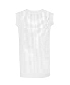 A white knit cover up dress against a white wall.