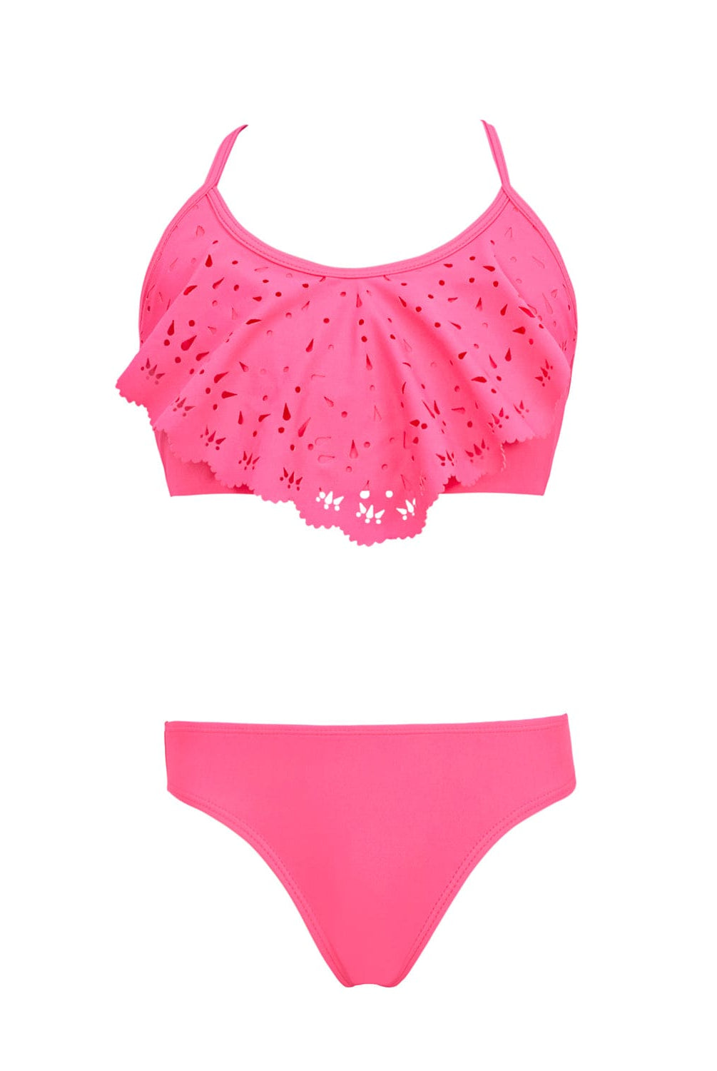A pink kids bikini against a white wall.