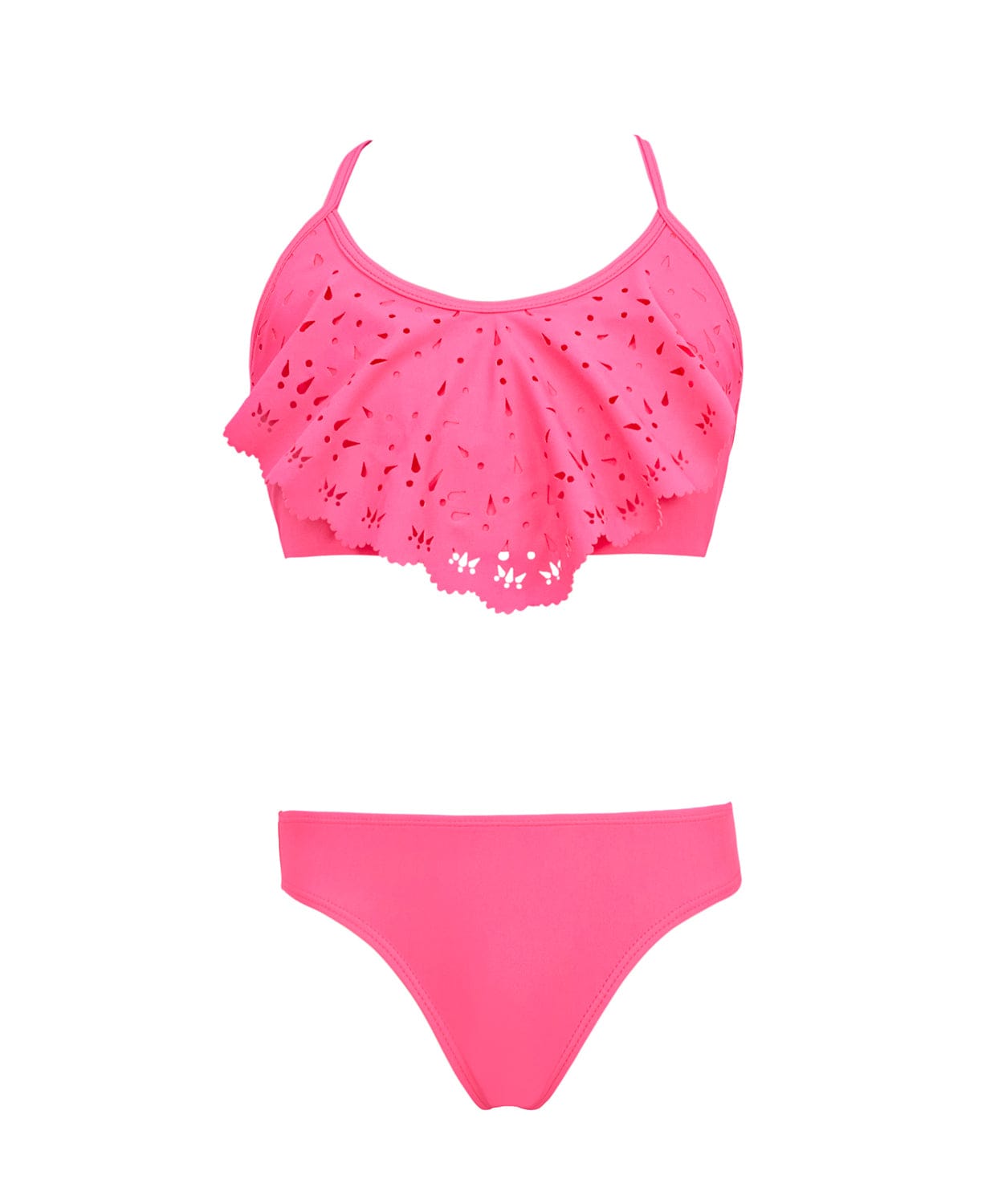 A pink kids bikini against a white wall.